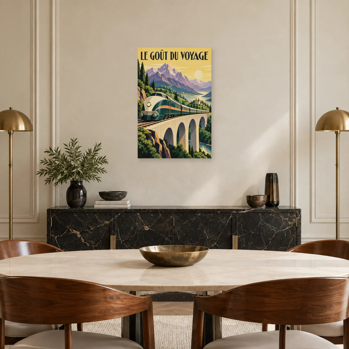 Affiche Art déco - Train et goût du voyage dans une salle à manger - Art Virtuoso