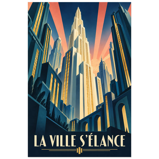 Affiche 30 × 45 cm : tour claire à couronnement étagé entre des immeubles bleus sombres