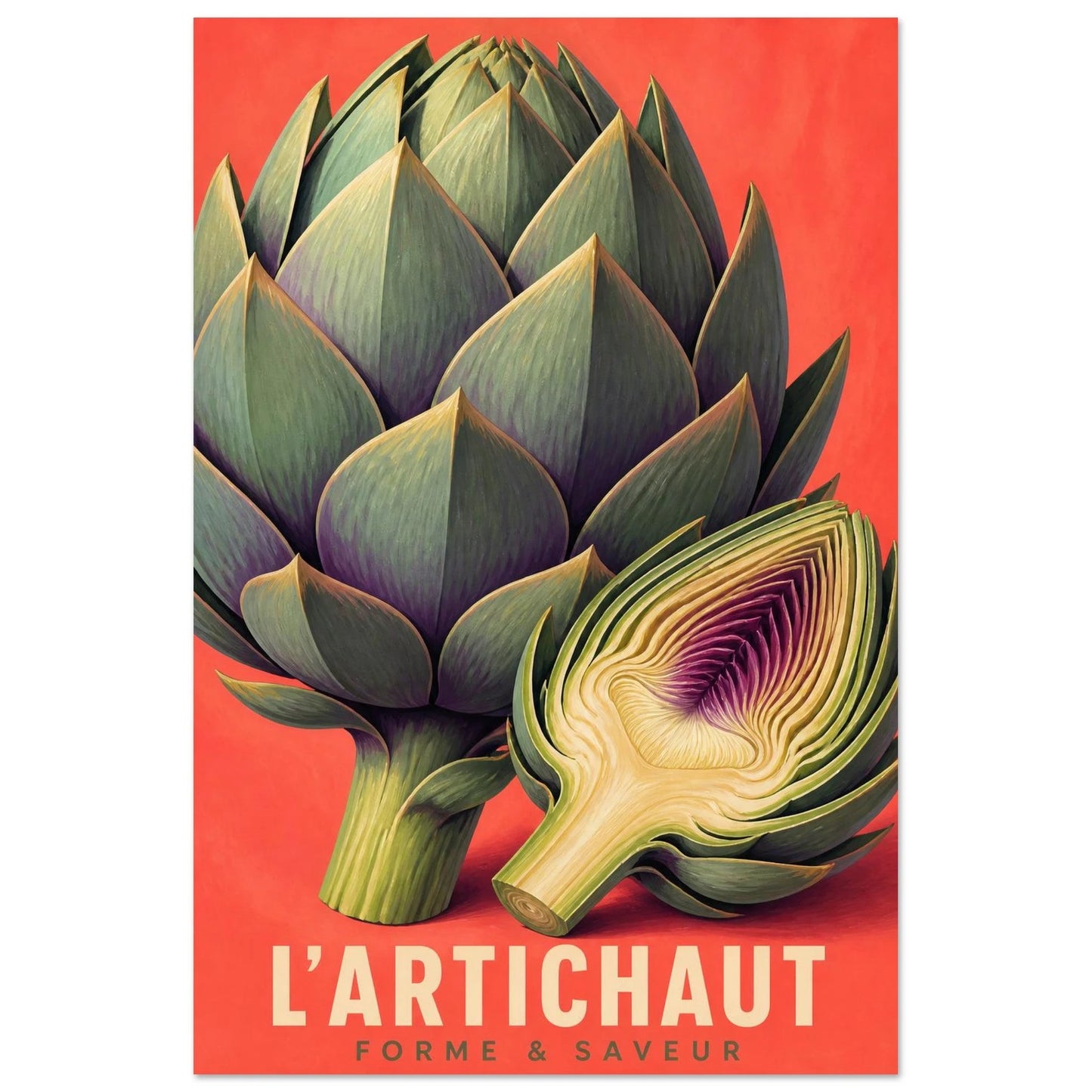 Affiche L’Artichaut – Forme & Saveur, gouache contemporaine verticale, format 60 × 90 cm