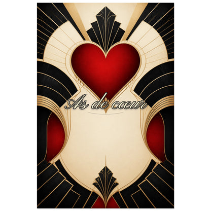Affiche As de cœur - Carte Art déco, composition géométrique symétrique inspirée de l’art déco verticale, format 30 × 45 cm
