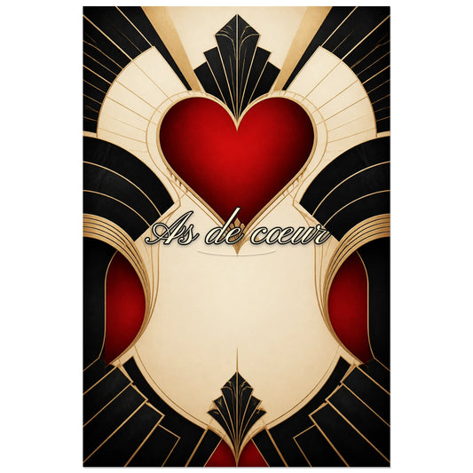 Affiche As de cœur - Carte Art déco, composition géométrique symétrique inspirée de l’art déco verticale, format 30 × 45 cm
