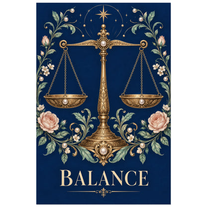 Balance ornementale à deux plateaux sur fond bleu, visuel 30 × 45 cm