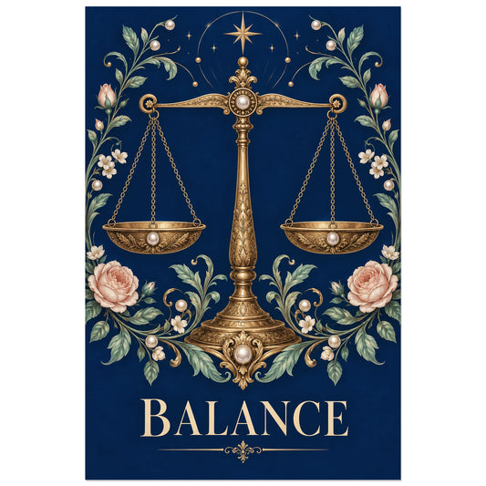 Balance ornementale à deux plateaux sur fond bleu, visuel 30 × 45 cm