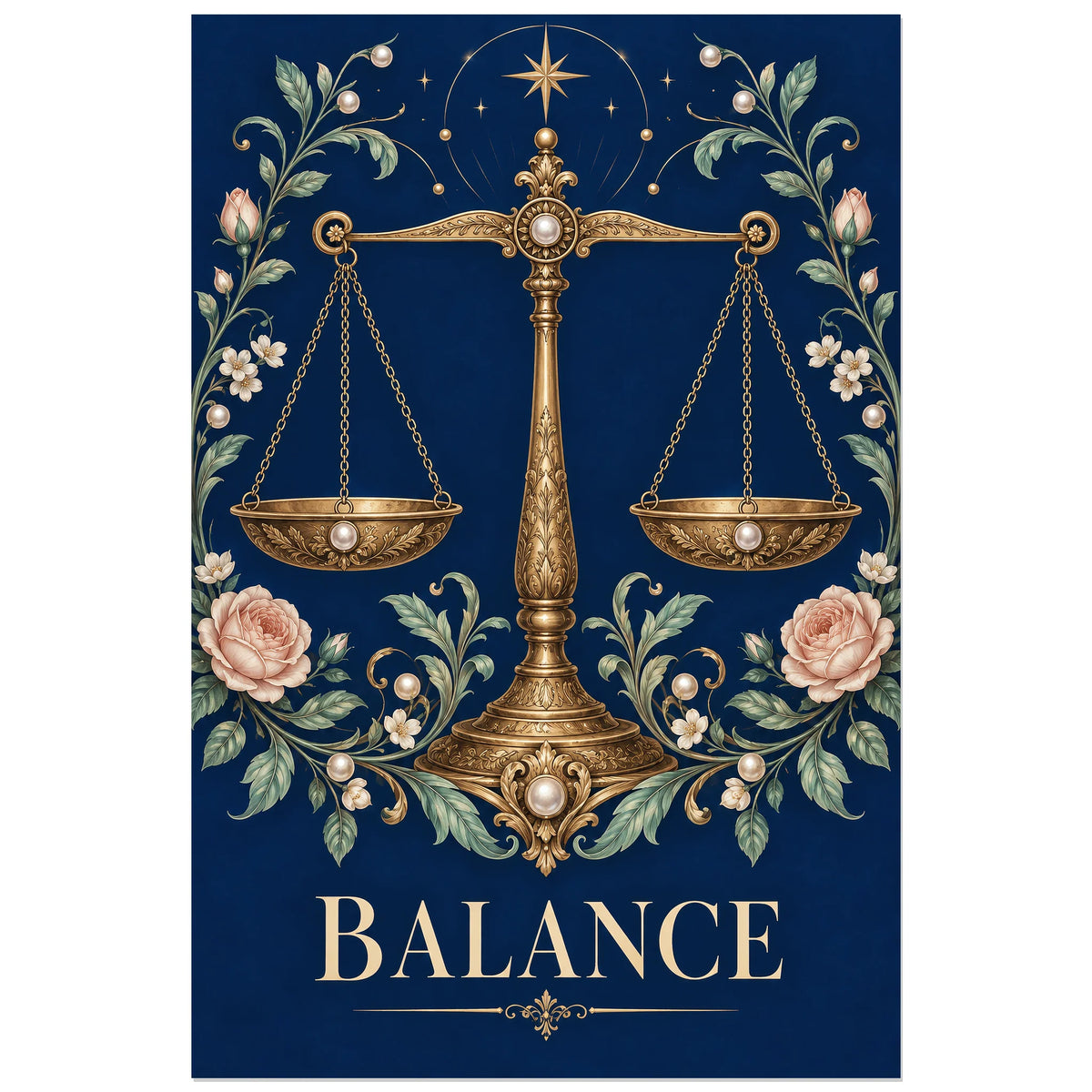 Affiche BALANCE avec plateaux, étoiles et fleurs, visuel 60 × 90 cm
