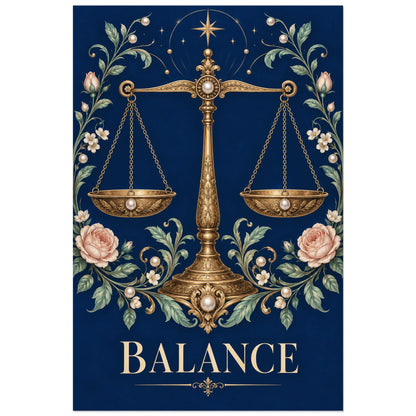 Affiche BALANCE avec plateaux, étoiles et fleurs, visuel 60 × 90 cm