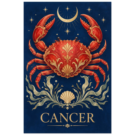 Crabe corail et croissant de lune sur fond bleu, visuel 30 × 45 cm