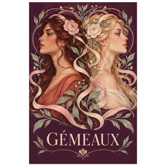 Deux profils féminins et fleurs sur fond prune, visuel 30 × 45 cm