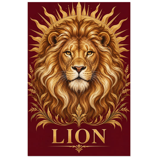 Portrait frontal d'un lion doré sur fond bordeaux, visuel 30 × 45 cm