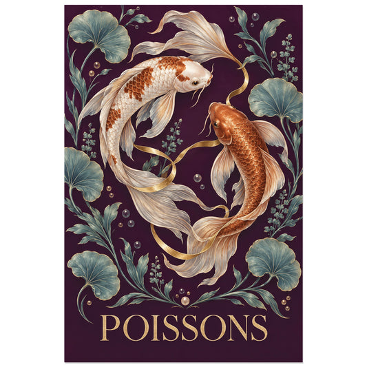 Deux poissons aux nageoires longues sur fond prune, affiche 30 × 45 cm