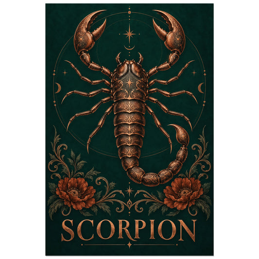 Scorpion cuivré et fleurs rousses, visuel 30 × 45 cm