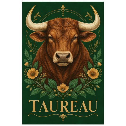 Taureau roux frontal entouré de fleurs et de feuilles, visuel 30 × 45 cm