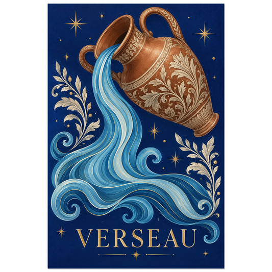 Amphore cuivrée et ruban d’eau bleu, affiche Verseau 30 × 45 cm