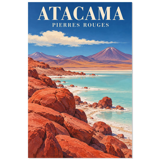 Affiche Atacama – Pierres rouges et lagune, illustration de voyage / gouache figurative / inspiration vintage verticale, format 30 × 45 cm
