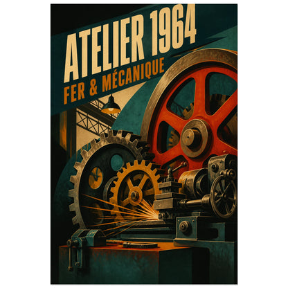 Affiche Atelier 1964 – Fer & Mécanique, affiche industrielle rétro à la sérigraphie mate et au lettrage condensé verticale, format 30 × 45 cm