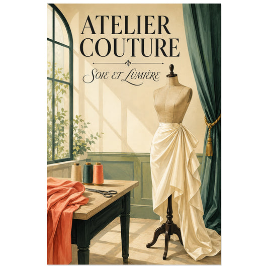 Affiche Atelier couture, soie et lumière, illustration d'atelier à la gouache, esprit rétro verticale, format 30 × 45 cm
