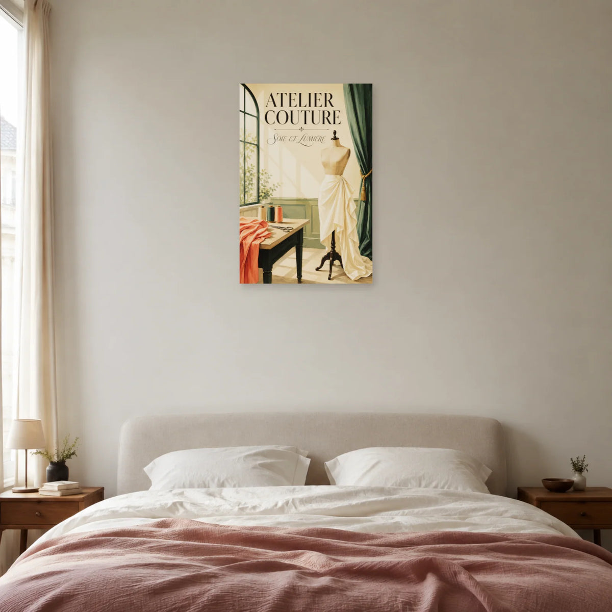 Affiche Atelier couture, soie et lumière dans une chambre - Art Virtuoso