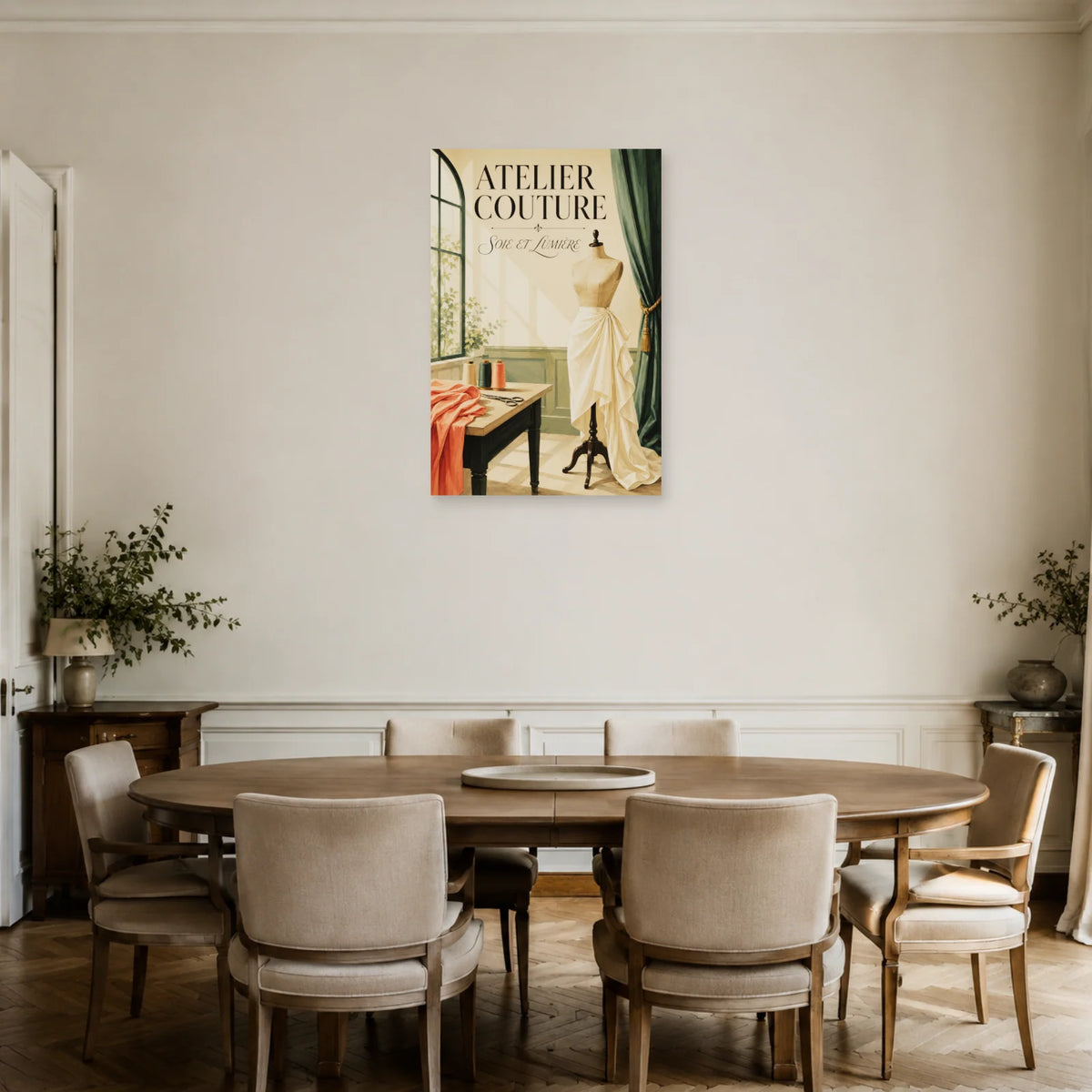 Affiche Atelier couture, soie et lumière dans une salle à manger - Art Virtuoso