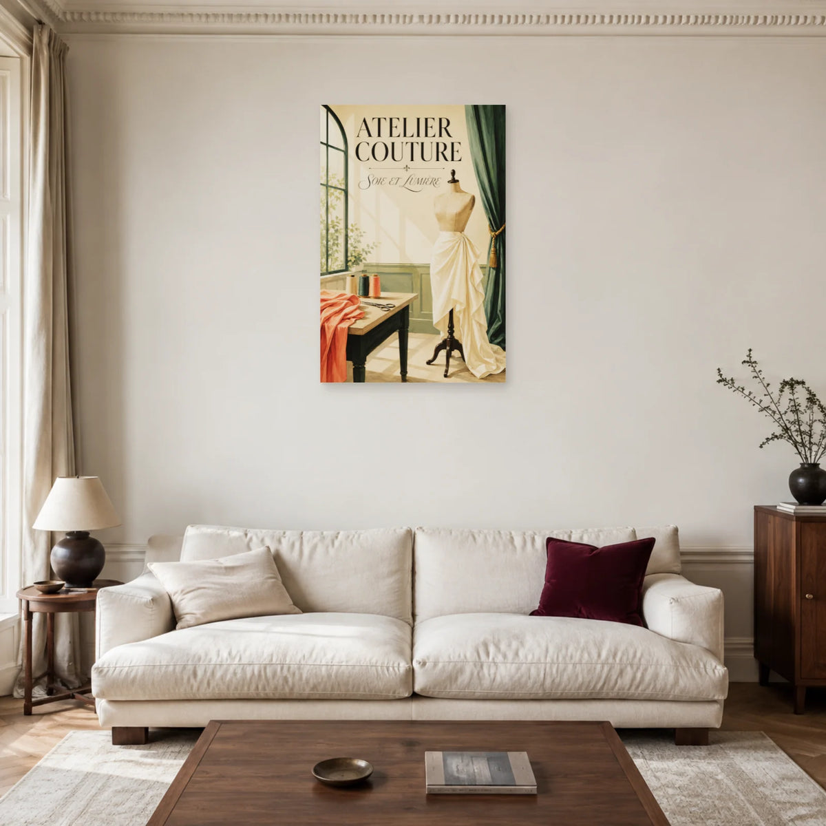 Affiche Atelier couture, soie et lumière dans un salon - Art Virtuoso