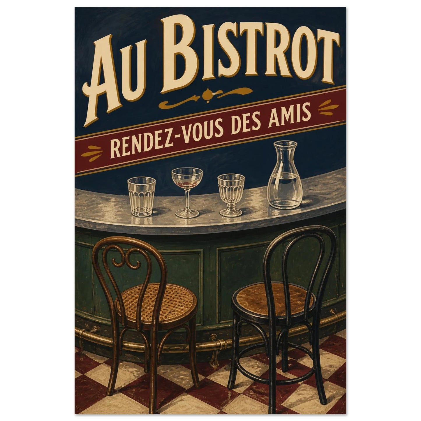 Affiche Au Bistrot – Rendez-Vous des Amis, illustration éditoriale verticale, format 30 × 45 cm