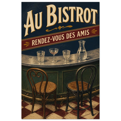 Affiche Au Bistrot – Rendez-Vous des Amis, illustration éditoriale verticale, format 40 × 60 cm
