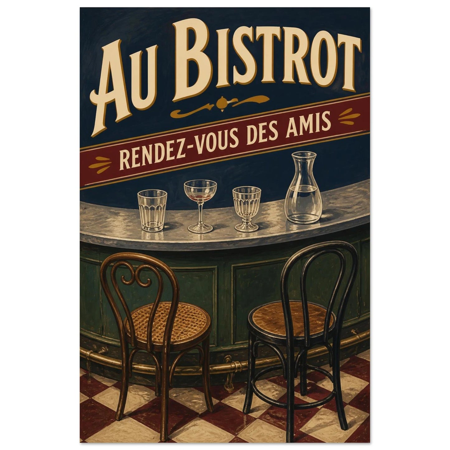 Affiche Au Bistrot – Rendez-Vous des Amis, illustration éditoriale verticale, format 60 × 90 cm
