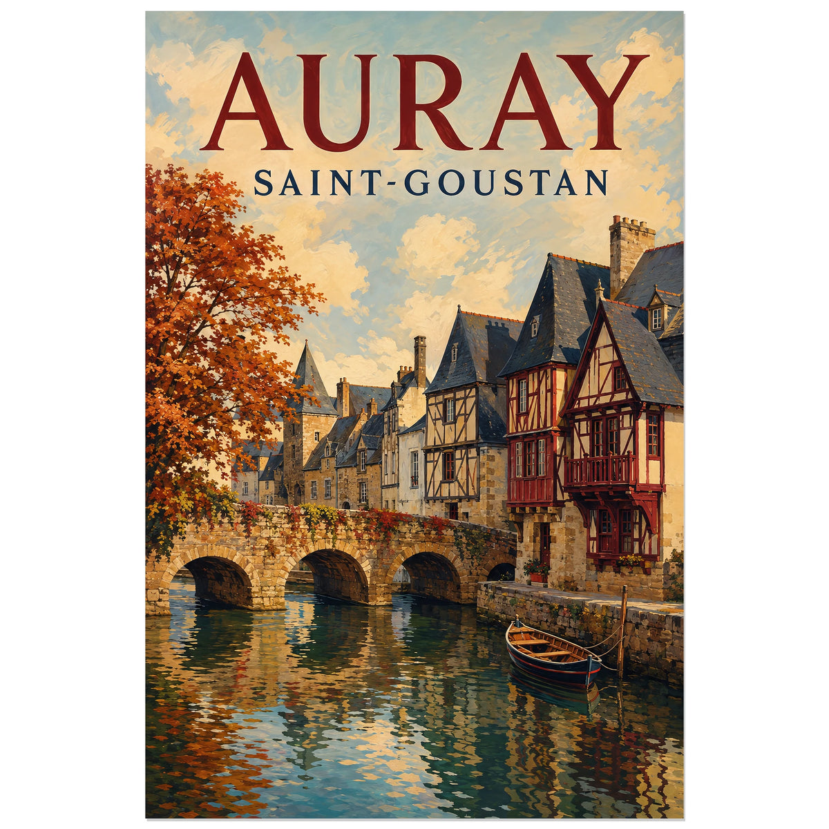 Pont de pierre et maisons de Saint-Goustan, affiche 30 × 45 cm
