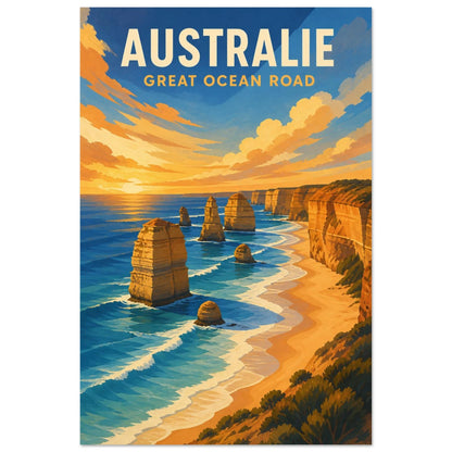 Affiche Australie – Great Ocean Road, gouache de voyage contemporaine aux aplats chaleureux verticale, format 30 × 45 cm