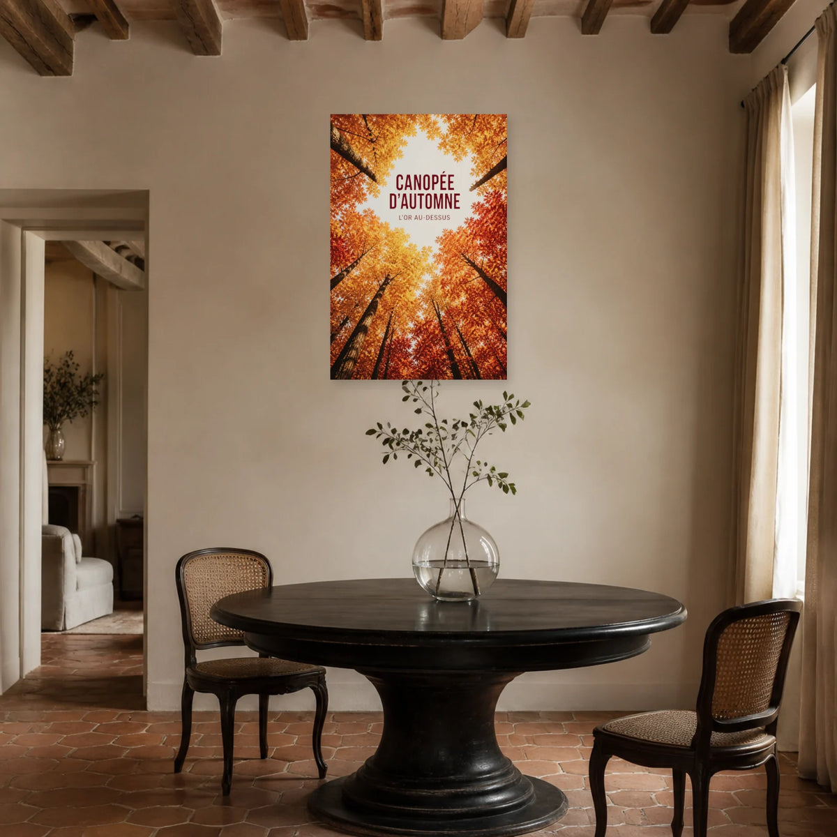 Affiche Canopée d’automne – L’or au-dessus dans une salle à manger - Art Virtuoso