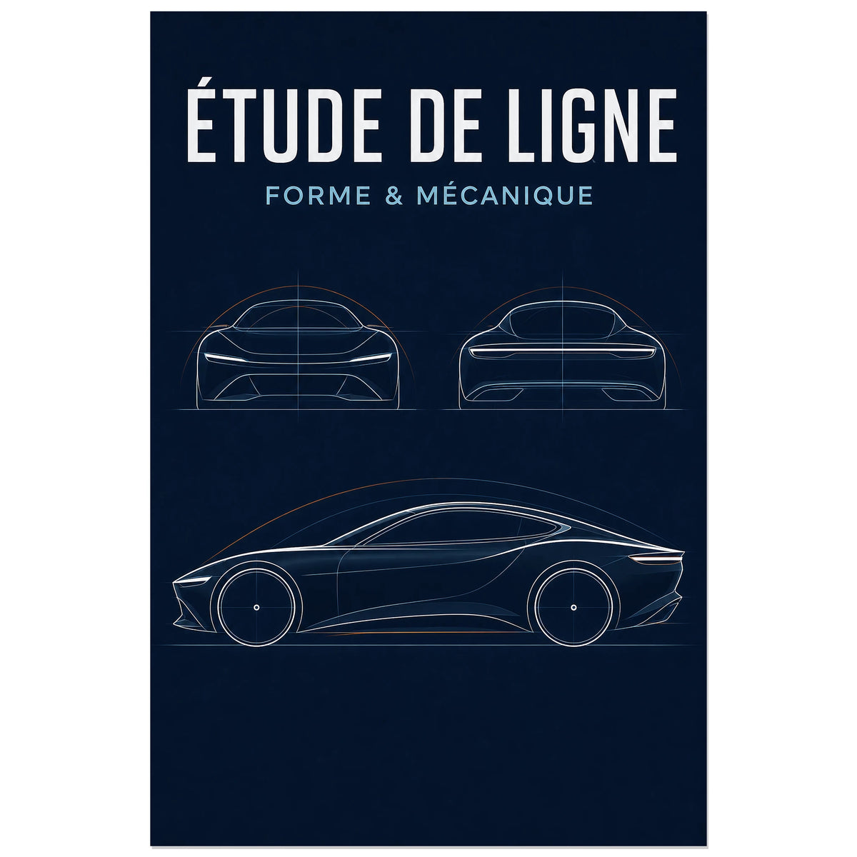 Affiche Étude de ligne – Forme et mécanique, illustration de design automobile en dessin de ligne précis verticale, format 30 × 45 cm