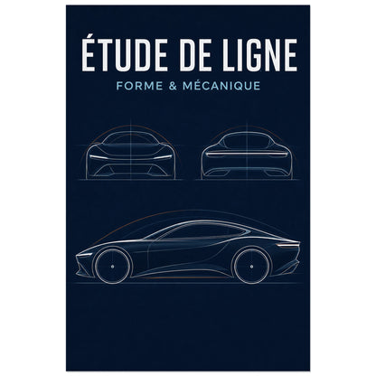 Affiche Étude de ligne – Forme et mécanique, illustration de design automobile en dessin de ligne précis verticale, format 30 × 45 cm