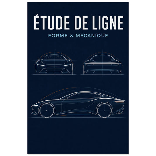 Affiche Étude de ligne – Forme et mécanique, illustration de design automobile en dessin de ligne précis verticale, format 30 × 45 cm