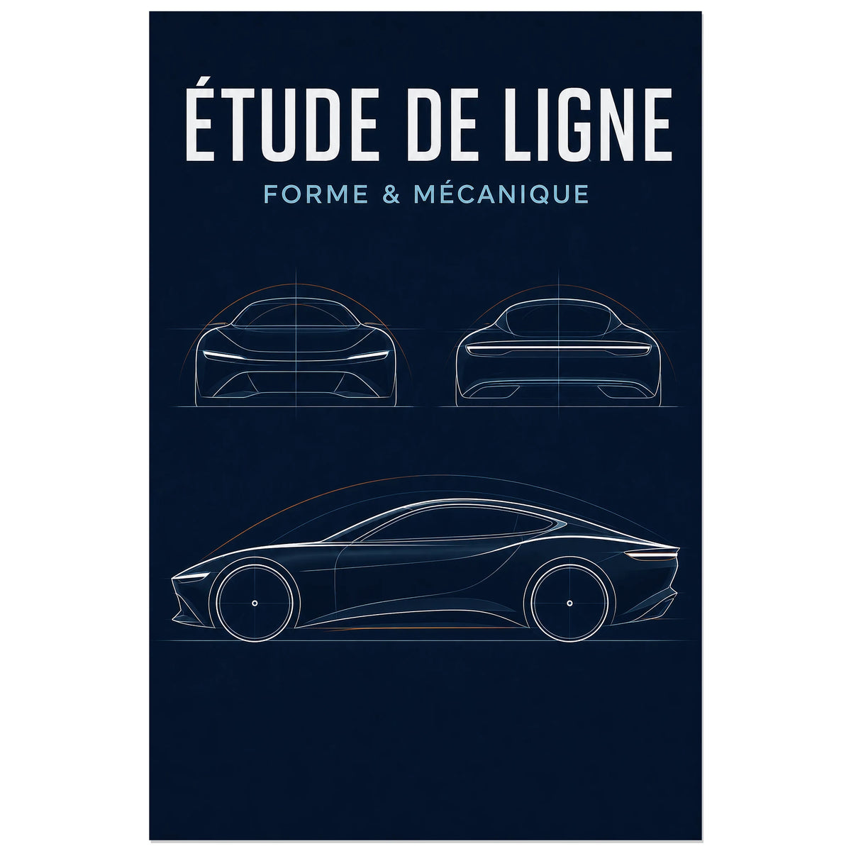 Affiche Étude de ligne – Forme et mécanique, illustration de design automobile en dessin de ligne précis verticale, format 40 × 60 cm