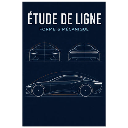 Affiche Étude de ligne – Forme et mécanique, illustration de design automobile en dessin de ligne précis verticale, format 40 × 60 cm