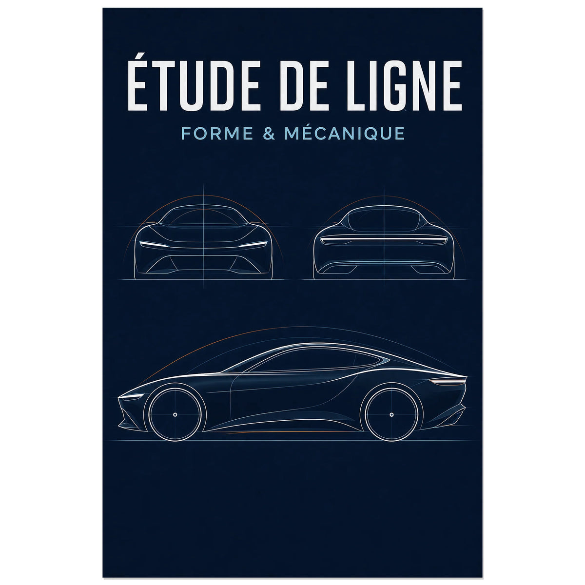 Affiche Étude de ligne – Forme et mécanique, illustration de design automobile en dessin de ligne précis verticale, format 60 × 90 cm