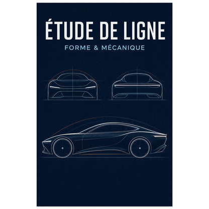 Affiche Étude de ligne – Forme et mécanique, illustration de design automobile en dessin de ligne précis verticale, format 60 × 90 cm
