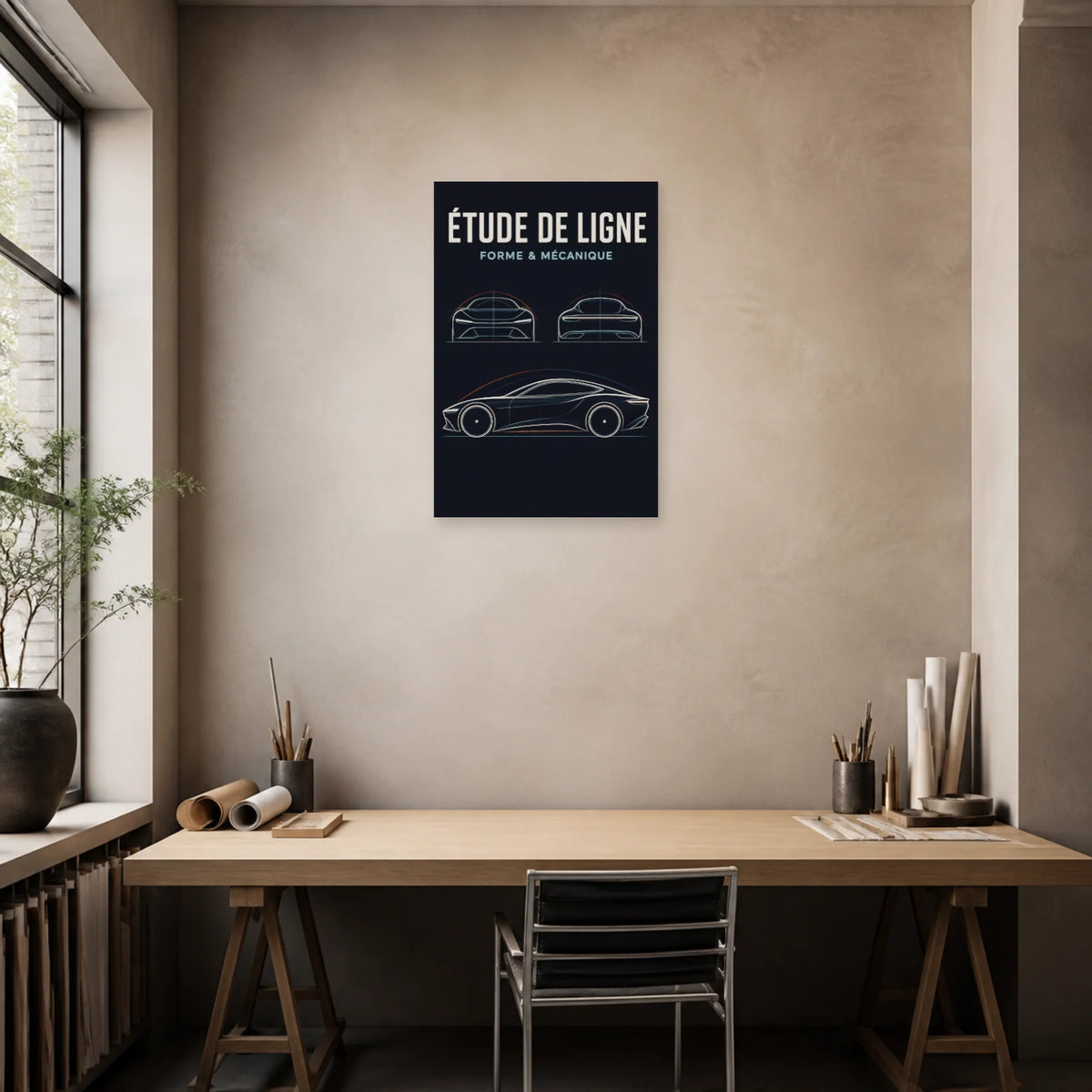 Affiche Croquis automobile – Étude de ligne dans un bureau - Art Virtuoso