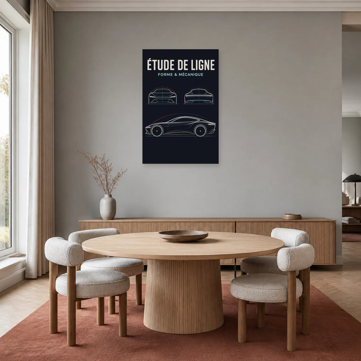 Affiche Croquis automobile – Étude de ligne dans une salle à manger - Art Virtuoso