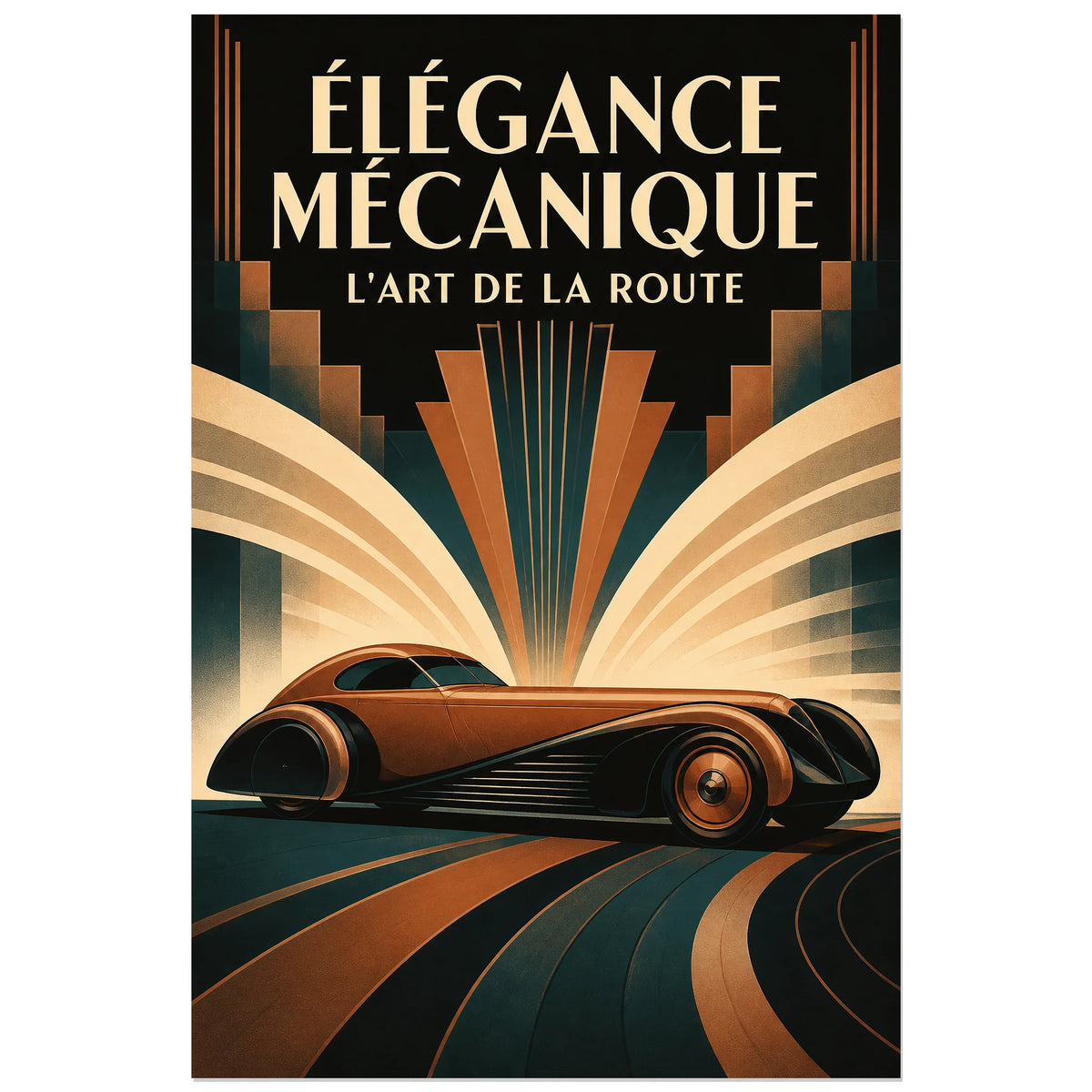 Affiche Élégance mécanique – L'art de la route, illustration art déco géométrique à finition publicitaire verticale, format 60 × 90 cm