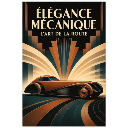 Affiche Élégance mécanique – L'art de la route, illustration art déco géométrique à finition publicitaire verticale, format 60 × 90 cm