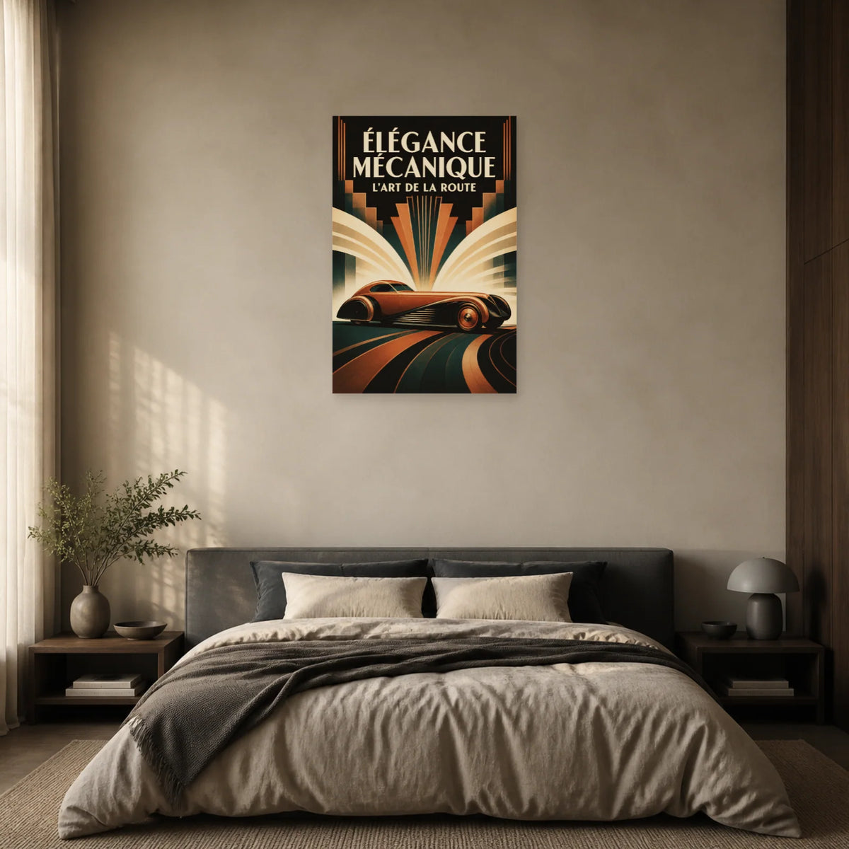 Affiche Automobile Art déco – Élégance mécanique dans une chambre - Art Virtuoso