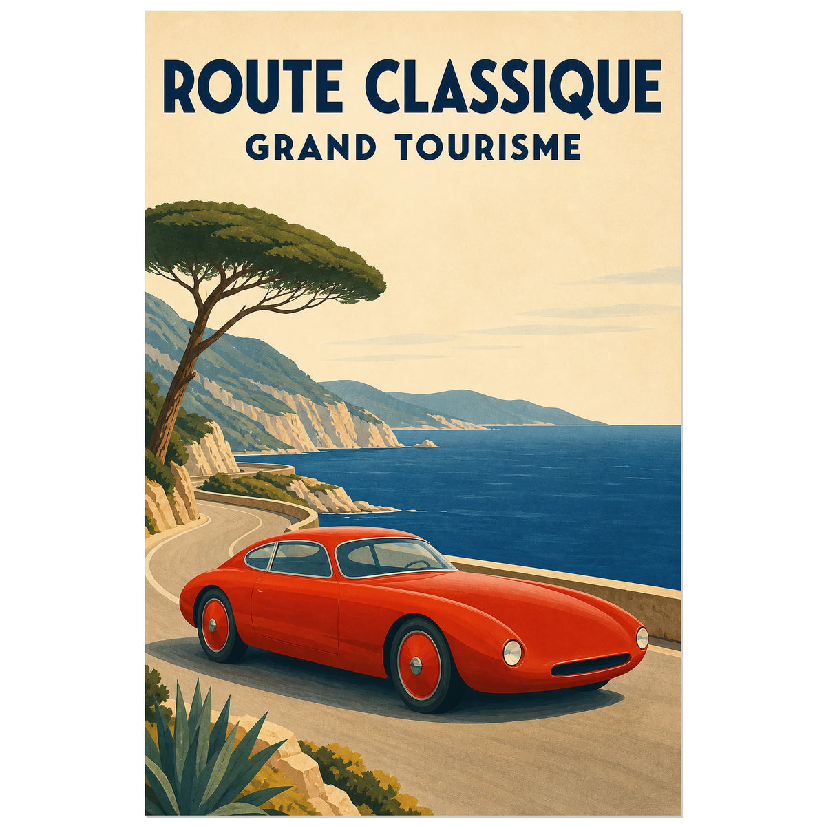 Affiche Route classique – Grand tourisme, illustration rétro de voyage automobile en aplats légèrement texturés verticale, format 30 × 45 cm