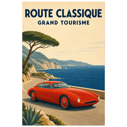 Affiche Route classique – Grand tourisme, illustration rétro de voyage automobile en aplats légèrement texturés verticale, format 60 × 90 cm