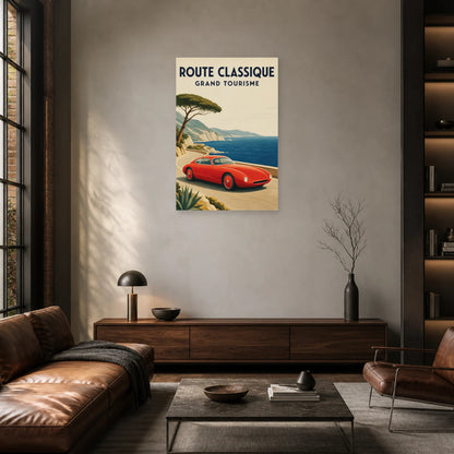Affiche Automobile rétro – Route classique dans un salon - Art Virtuoso
