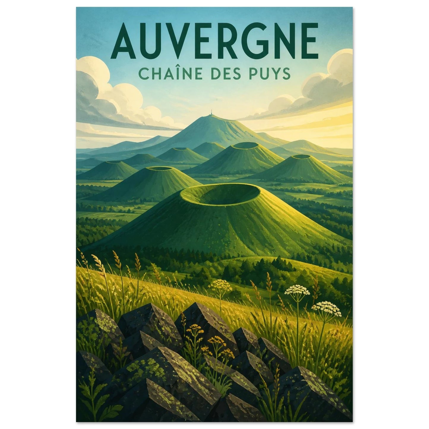 Affiche Auvergne – Chaîne des Puys, illustration éditoriale verticale, format 30 × 45 cm