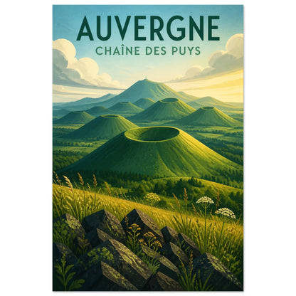 Affiche Auvergne – Chaîne des Puys, illustration éditoriale verticale, format 30 × 45 cm