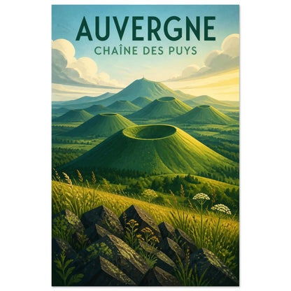 Affiche Auvergne – Chaîne des Puys, illustration éditoriale verticale, format 40 × 60 cm