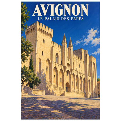 Affiche Avignon Palais des Papes, illustration peinte / affiche de voyage rétro verticale, format 40 × 60 cm