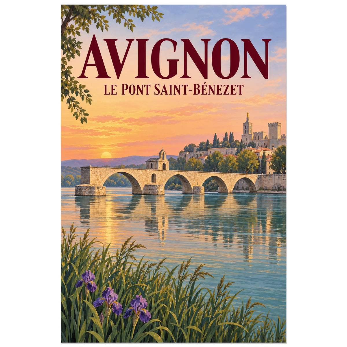 Affiche Avignon Pont Saint-Bénézet, illustration peinte / affiche de voyage rétro verticale, format 30 × 45 cm