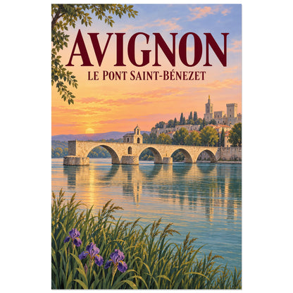 Affiche Avignon Pont Saint-Bénézet, illustration peinte / affiche de voyage rétro verticale, format 30 × 45 cm