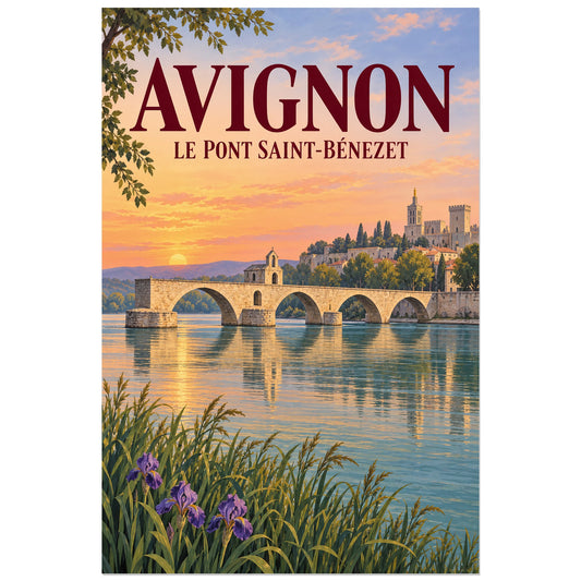 Affiche Avignon Pont Saint-Bénézet, illustration peinte / affiche de voyage rétro verticale, format 30 × 45 cm
